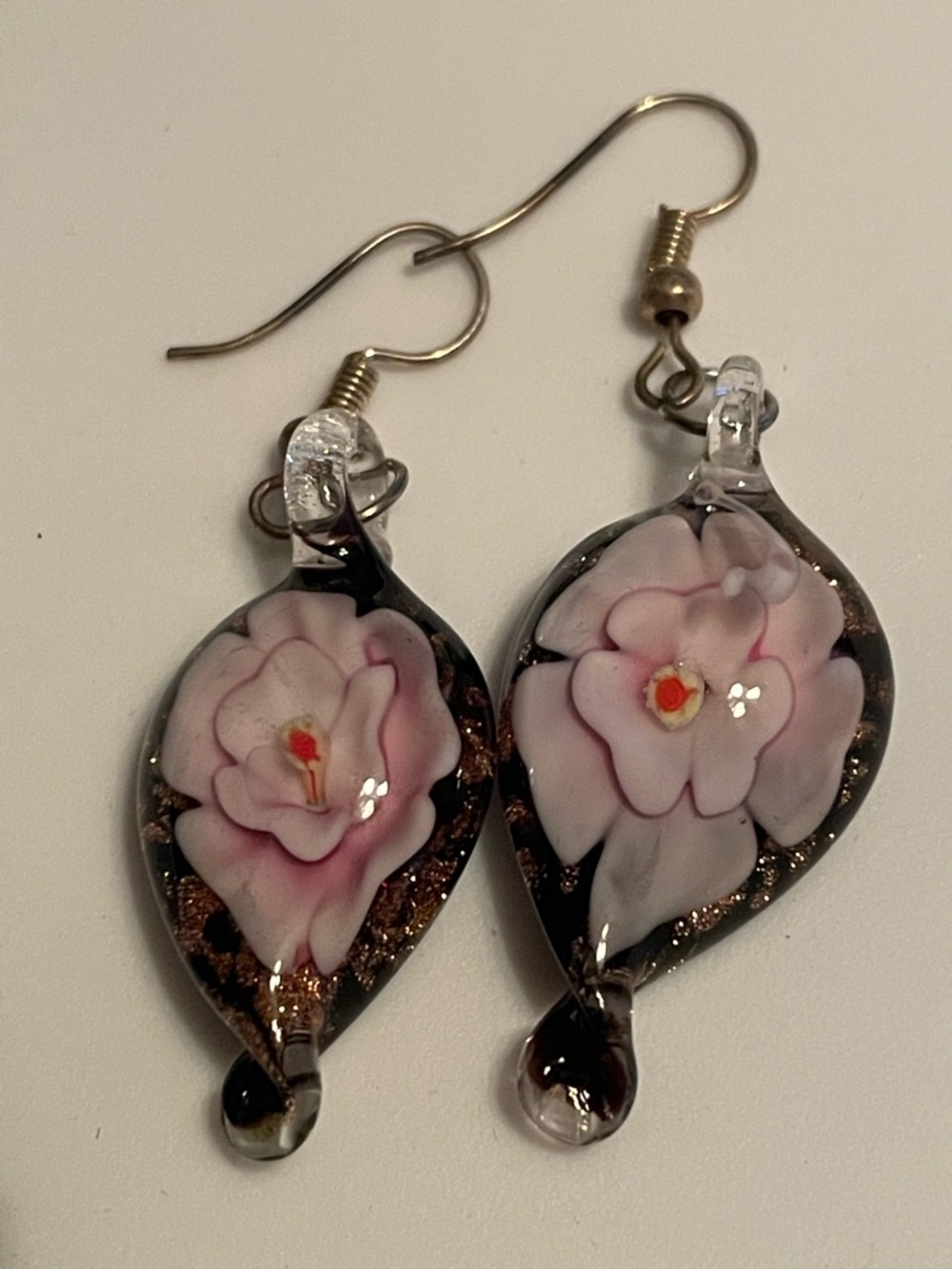 Artisan Pink Floral Glass Drop Earrings